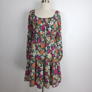 First Love By Lovelyn Green Pink Floral Print Long Sleeve Mini Boho Dress Large